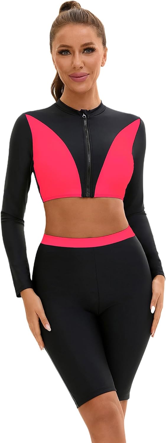 Women 2 Pcs Swimsuit Color Block Bathing Suits Long Sleeve Zip-Up Rash Guard Swimsuit for Beach Party