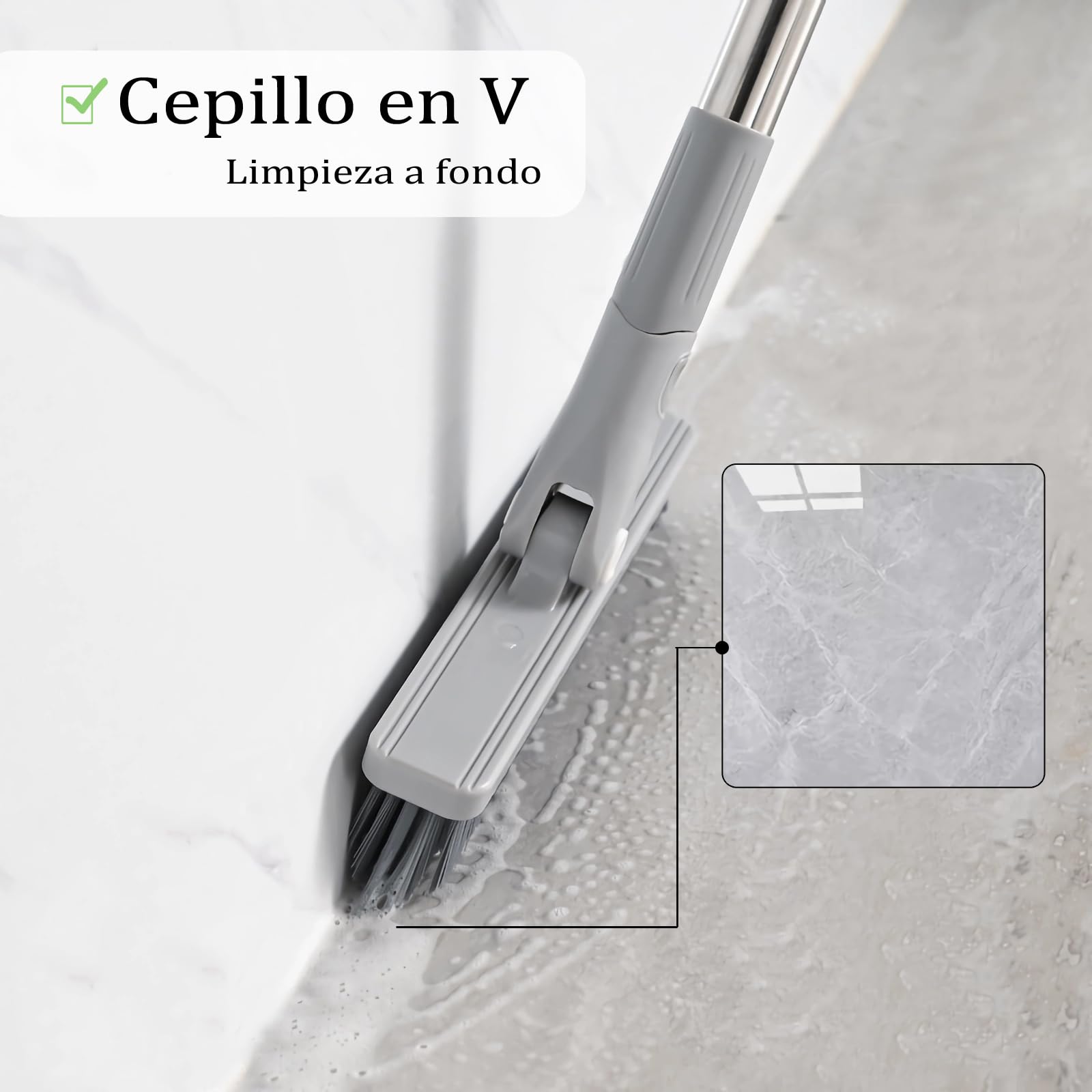 Brosse à joints avec long manche pour nettoyage de salle de bain, brosse de nettoyage des joints pour sols carrelés, brosse de nettoyage des joints rotative à 180° pour cuisines, plinthes, garages,