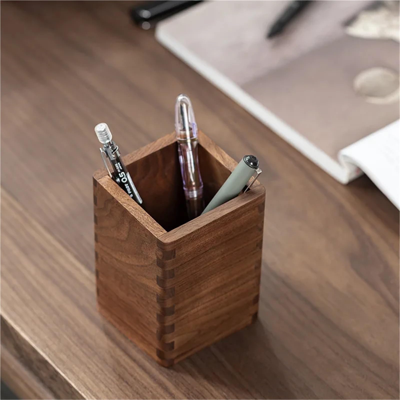 Bambus-Stifthalter Schwarzer Walnussholz-Stifthalter, kreative Massivholz-Aufbewahrungsbox, Büro-Desktop-Ornament, modern