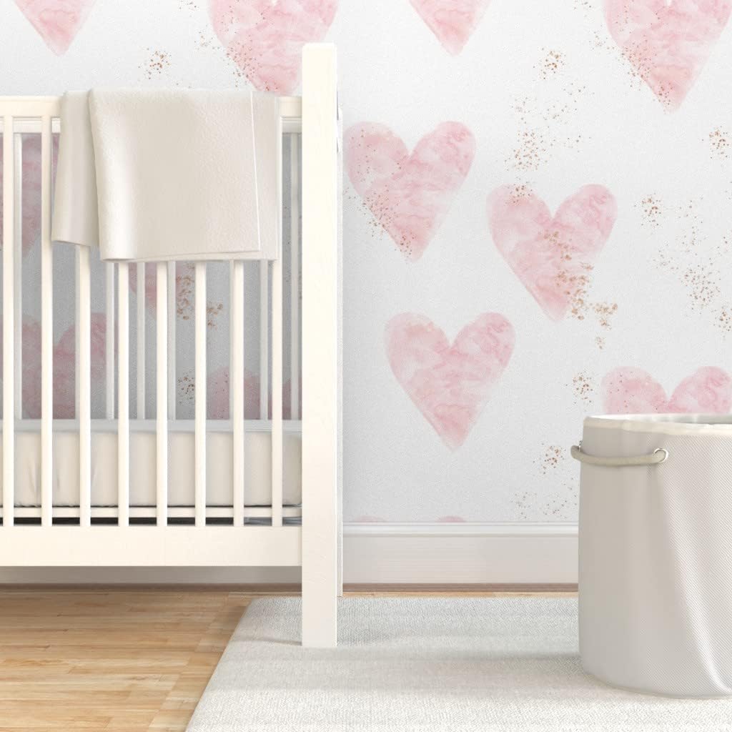 Spoonflower Removable Wallpaper 6ft x 2ft - Pink Pastel Watercolor Gold Copper Hearts Heart Floral Custom Pre-Pasted Wallpaper