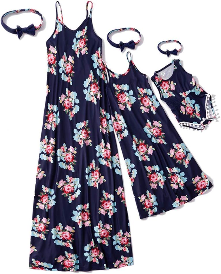 IFFEI Mommy and Me Matching Dress Spaghetti Strap Summer Casual Sundress Beach Sleeveless Dress with Headband