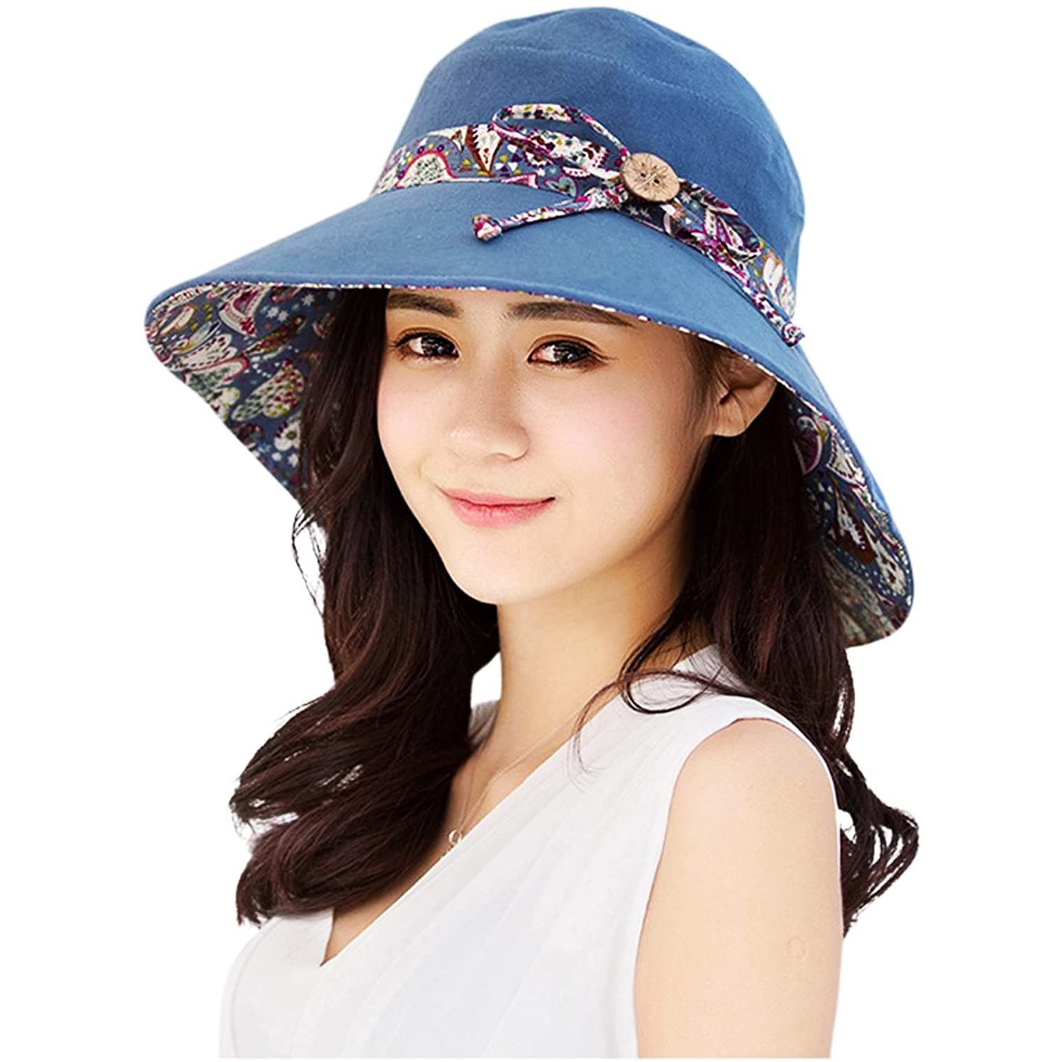 UV Protection Cotton Sun Hats Summer UPF 50+ Sun Shade Flap Cover Cap with Neck Cover Cord for Womens Girls