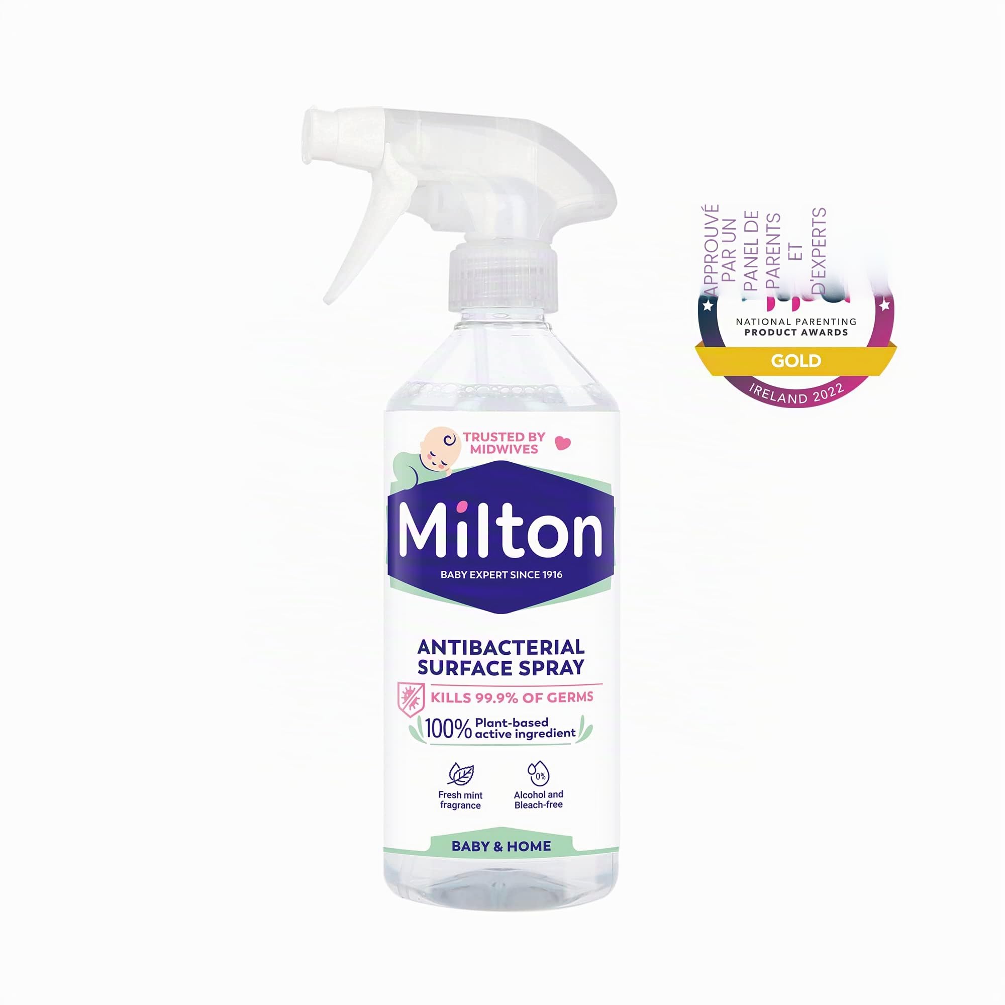 MILTON| Nettoyant Désinfectant Multi Surfaces| Sans Javel |Actif 100% végétale| Pour bébé | Elimine les Virus | Spray | 500ml| Parfum menthe| Fabrication Française