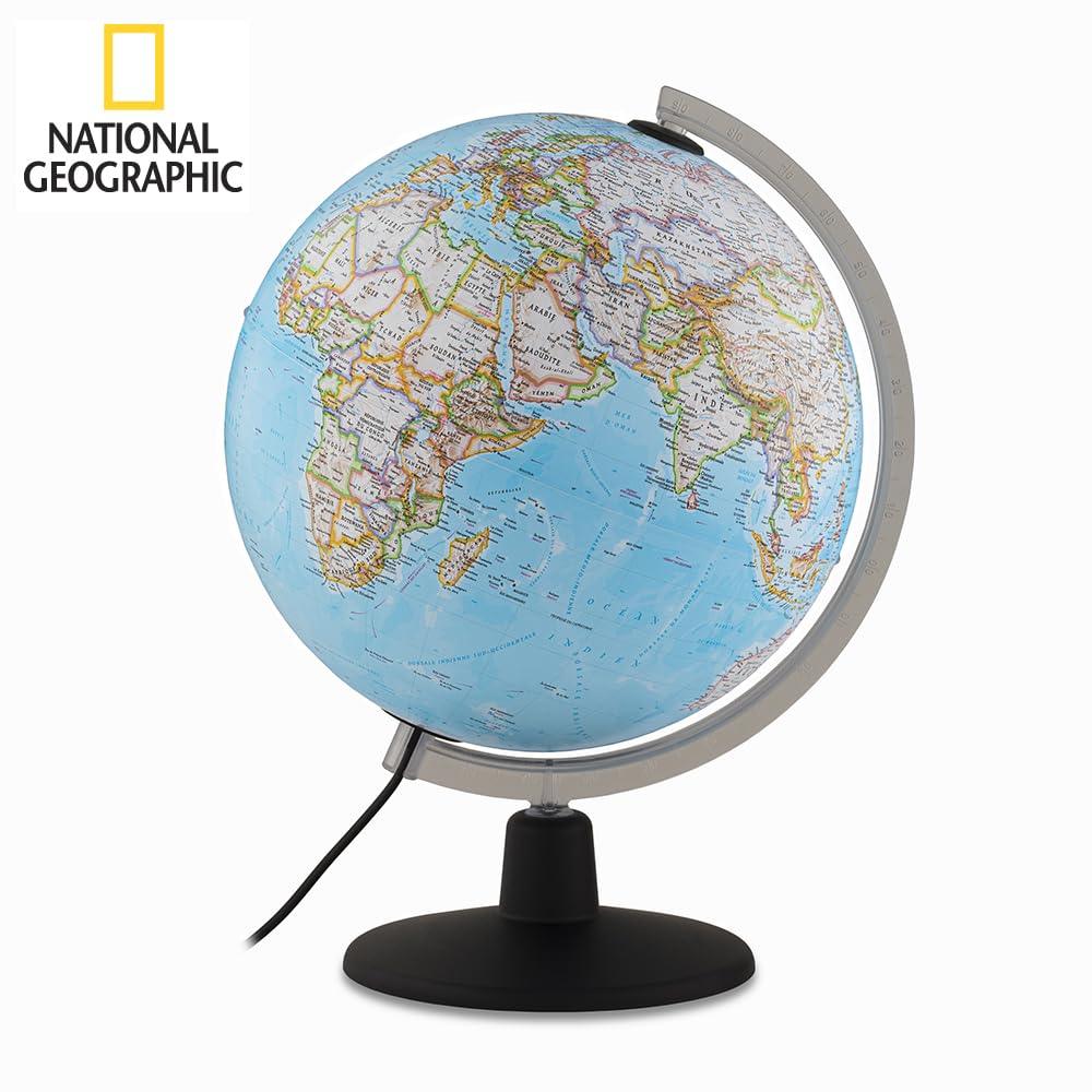 Tecnodidattica – Globe terrestre NATGEO Classic | Cartographie officielle physico-politique NATIONAL GEOGRAPHIC Classic | Lumineux et rotatif | Textes en français | Diamètre 30 cm