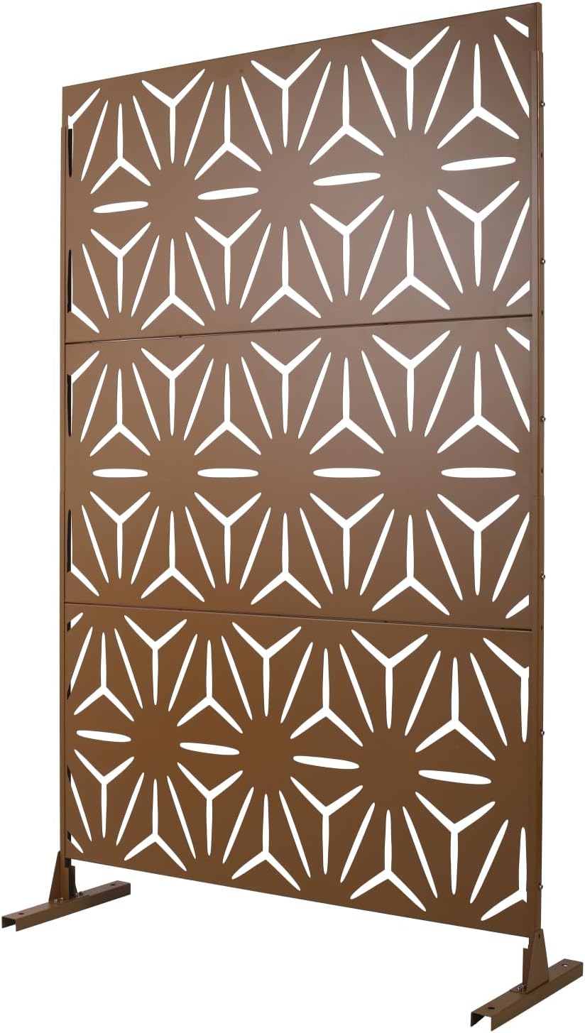 Outdoor & Indoor Privacy Screen - Freestanding Decorative Metal Privacy Fence Panels for Deck Balcony Patio Lawn Garden PS104 Brown