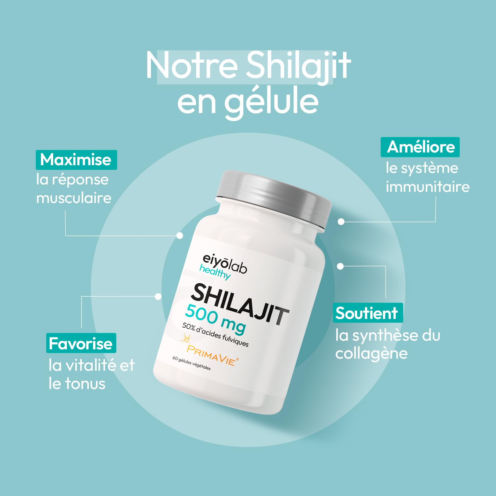 Shilajit Breveté PRIMAVIE® | Extrait Pur en Gélules | Immunité, Musculation et Articulations | Riche en Acide Fulvique (50%) et en Acide Humique (10%) | 60 Gélules Végétales | Eiyolab