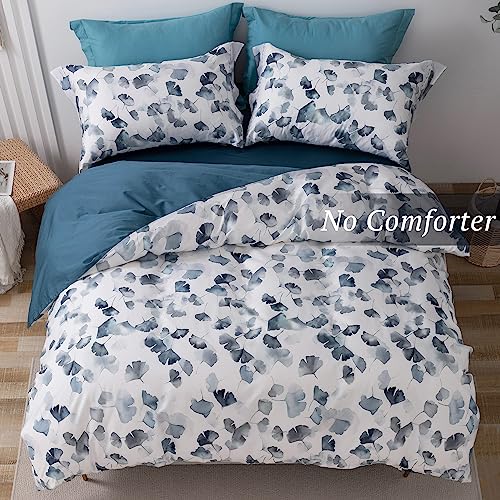 MILDLY 100% Long-Staple Cotton Duvet Cover Set Light Navy Ginkgo Leaf Pattern Printed Comforter Cover 3pcs, Ultra Soft & Breathable Bedding Set