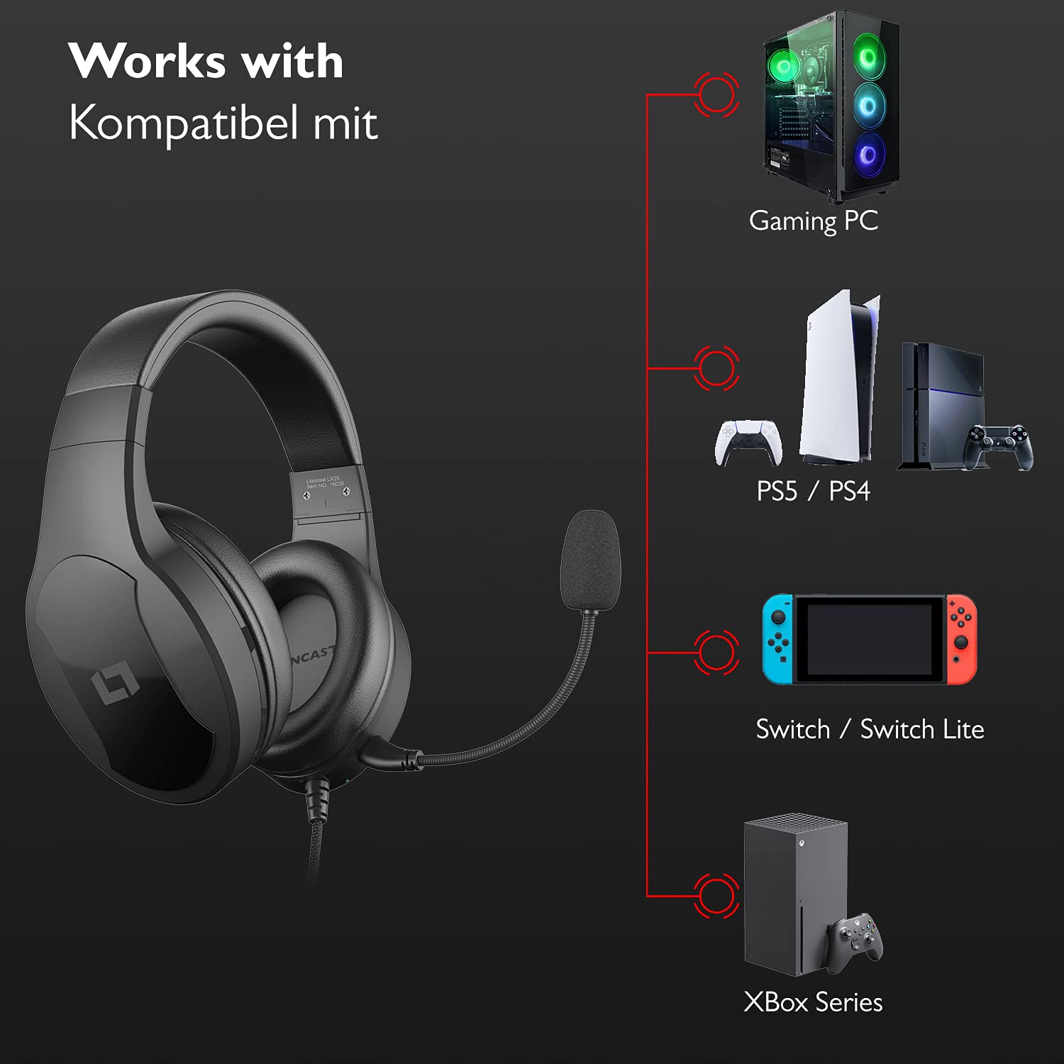 Lioncast® LX25 Gaming Headset mit abnehmbaren Mikrofon [Stereo Sound]- Gaming Kopfhörer für Playstation 5 PS5/PS4/XBox/Nintendo Switch/PC/Mac - Kabel AUX/Klinke - Gamer Headset - Smartphone Kopfhörer