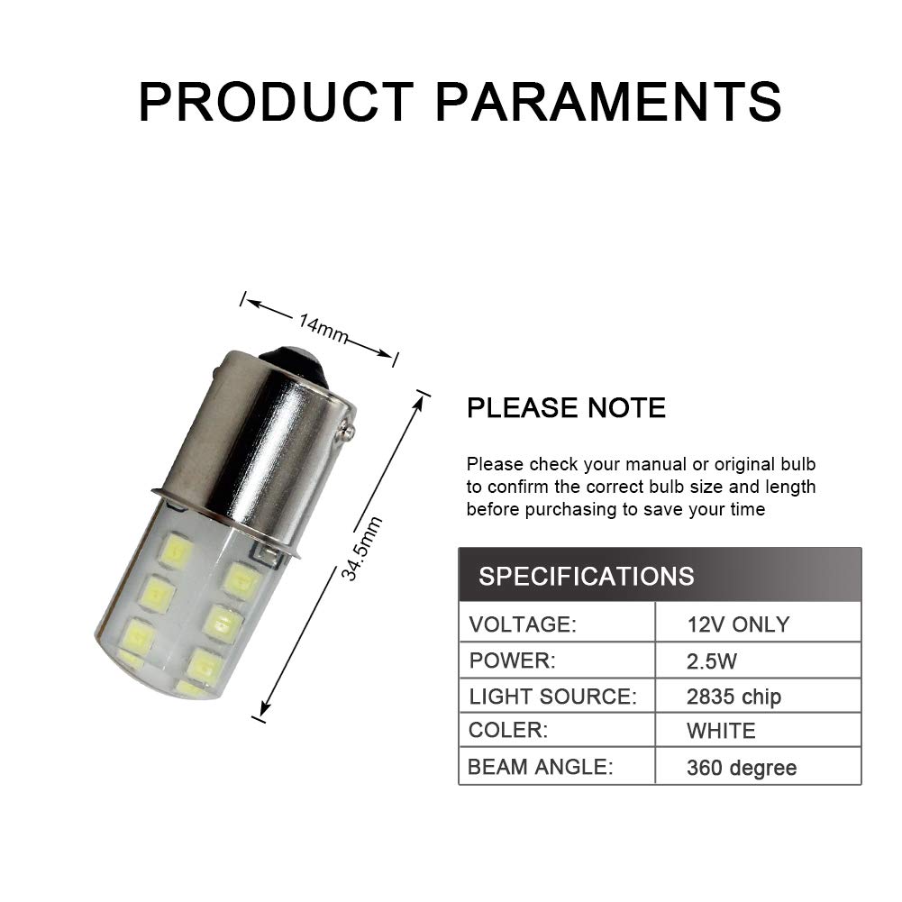 Yolu 2-Pack Super Bright 1156 LED Bulbs White 2835 12-SMD 2.5W for 1141 1003 1073 BA15S 7506 LED Lights Replacement for Back Up Reverse Tail RV Lights