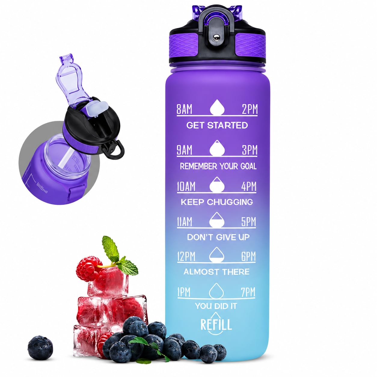 Active 100 1L Water Bottle with Straw, Motivational Time Marking | Dishwasher Safe | Leak-Proof | BPA-Free Drinks Bottle for Fitness, Work, Travel & Outdoor Use