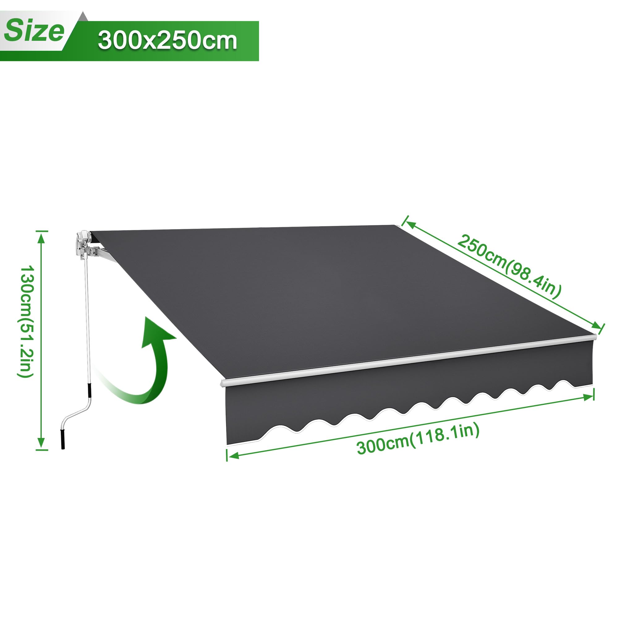 UISEBRT Markiza balkonowa, 300 x 250 cm, markiza z ramieniem przegubowym, markiza zaciskowa, markiza przeciwsłoneczna, ciemnoszara