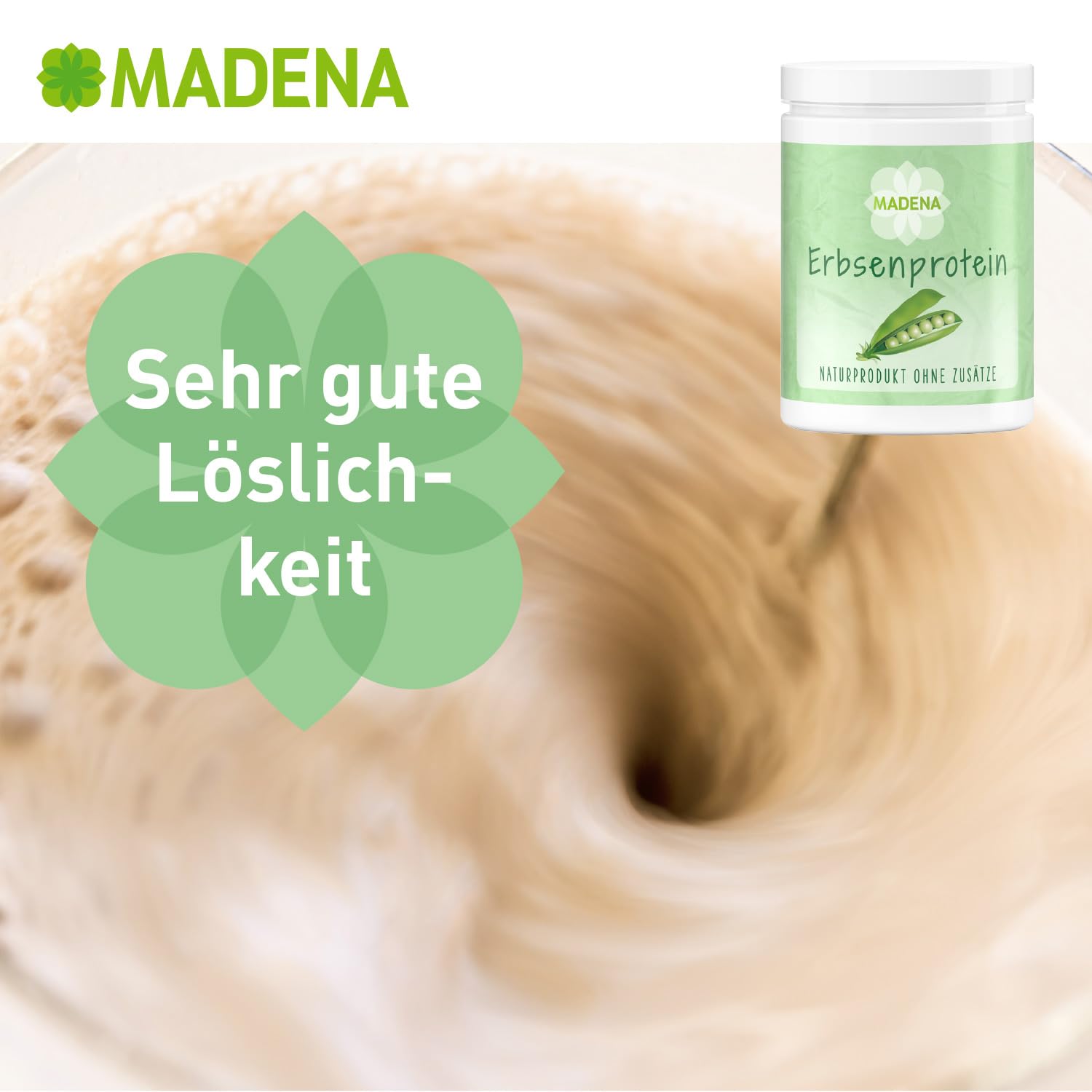 MADENA Erbsenprotein Pulver 1kg, veganes Protein mit 85% Proteingehalt, 100% Proteinisolat, extra mild und fein, glutenfrei laktosefrei