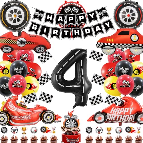 2026 nouveau Voiture Course Fête Ballons Kit,Decoration Anniversaire 4 Ans,VoitureCourse Monde Papier aluminium,Decoration Anniversaire Garcon,Voiture Course Fête(4 Ans Deco Anniversaires Enfant)