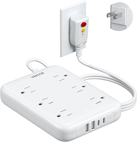 VINTAR - Regleta de alimentación GFCI de 2 clavijas, adaptador de enchufe GFCI de 2 clavijas a 3 clavijas, cable de extensión de 6 pies con 6