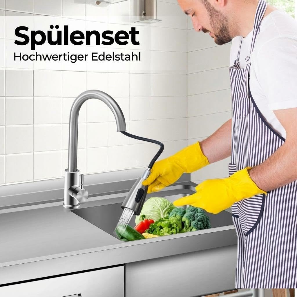 Küchenspüle Edelstahl Freistehend Mit Schublade & Arbeitstisch Waschbecken | Mit Ausziehbarer Armatur, Warm- & Kaltwasseranschluss, Outdoor Spüle Waschbecken Für Outdoor, Küche, Camping