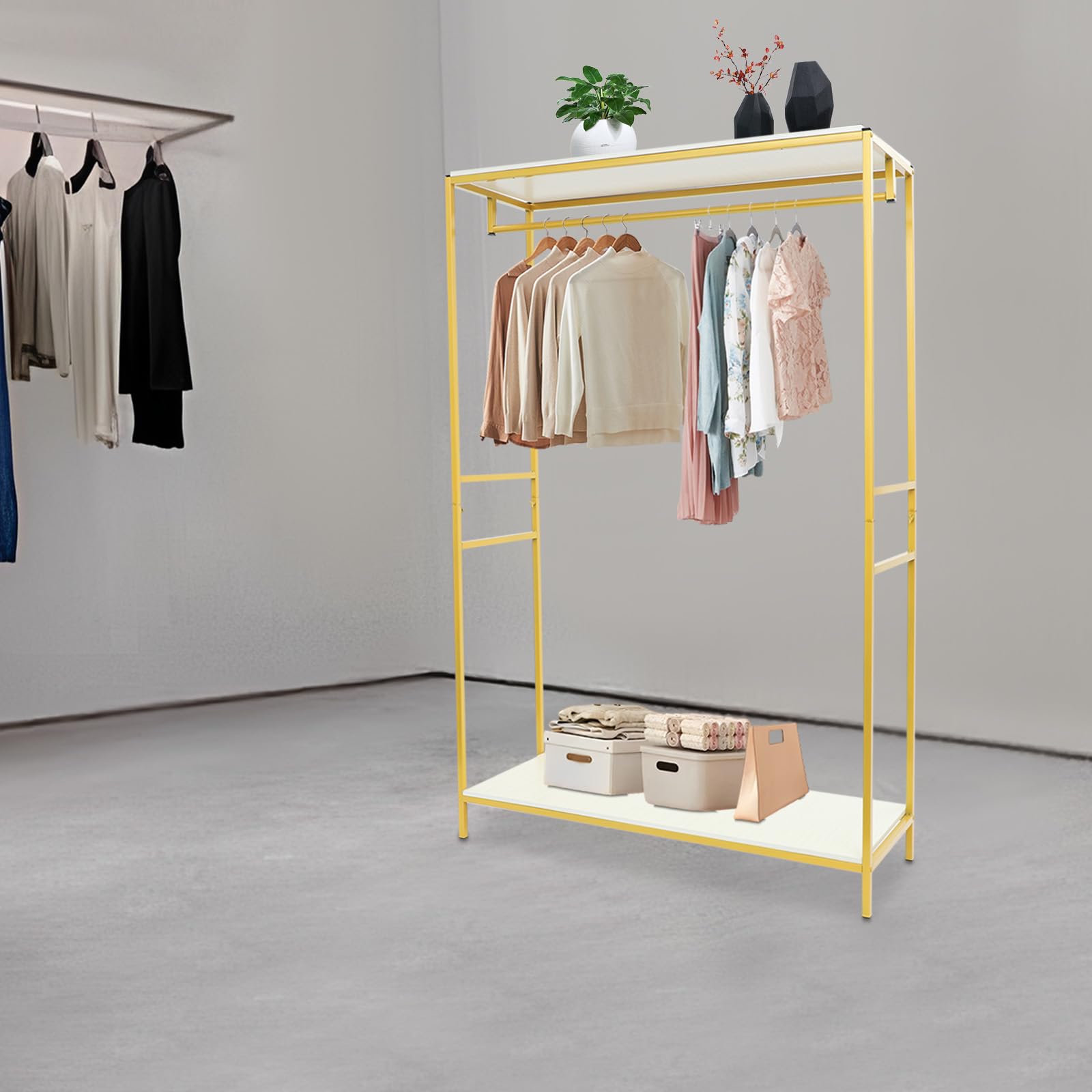 Freistehend Kleiderständer, Gold Garderobenständer, 120x45x190cm | Rechteckig Klamotten Ständer bis 5KG, Metall Kleidung Schiene für Waschküche, Wohnzimmer, Geschäften