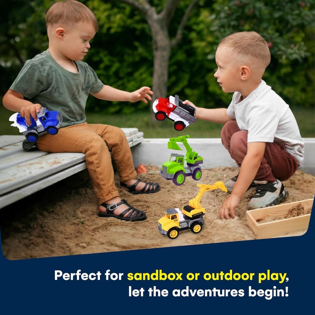 PLUSPOINT Construction Vehicle Trucks Friction Powered City Builder Series of Mixer, Excavator, Crane, Dumper Set of 4 Pretend Play Vehicles for Kids (4pc City Builder)- Multi Color 3
