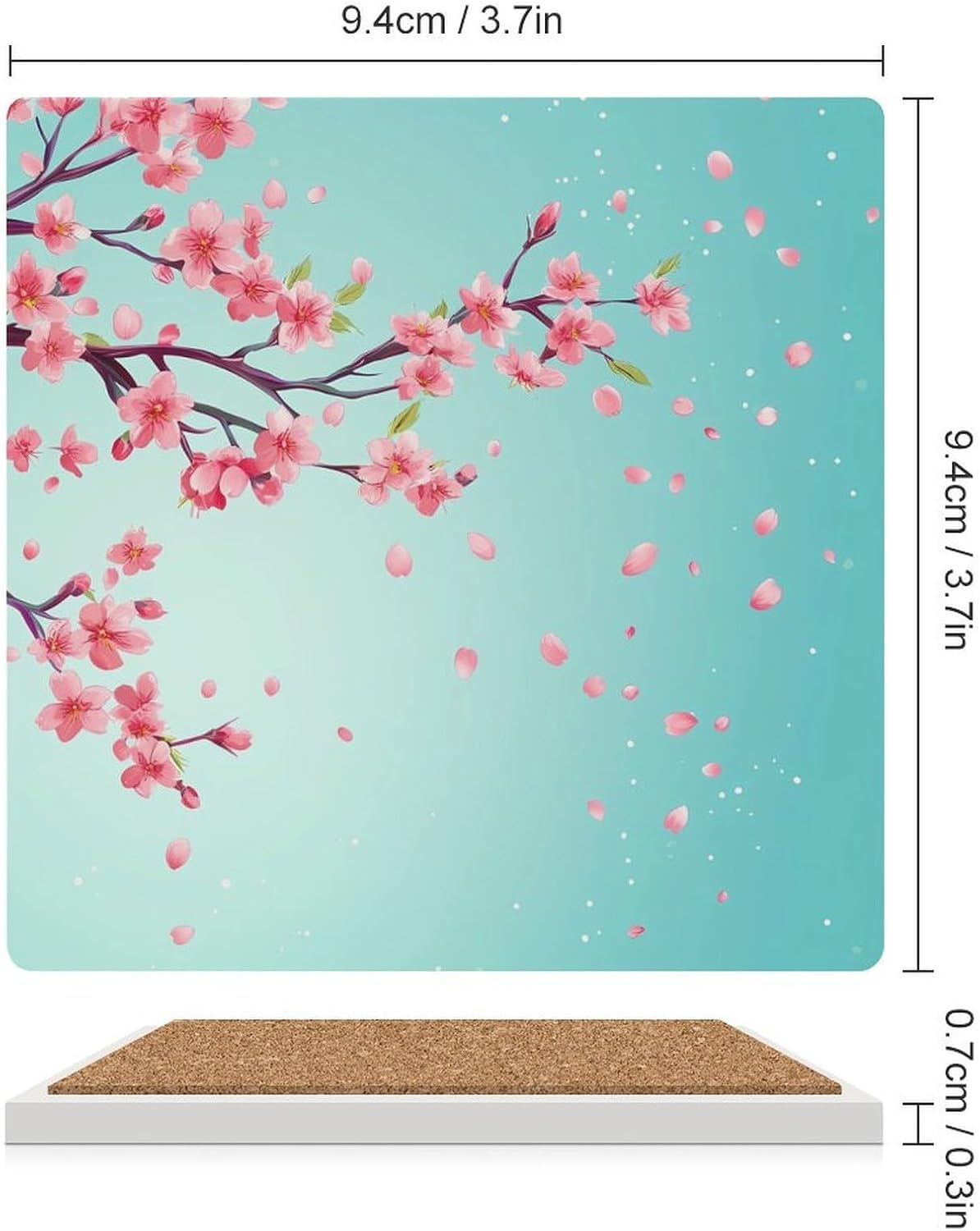 Cherry Flowers Coasters for Drinks Square Table Coasters Set Cup Mats with Cork Base