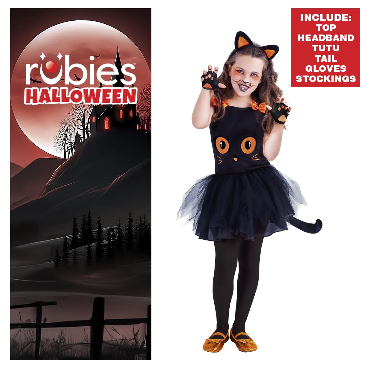 Rubies Costume tutù da gatto nero per bambina, top con stampa di gatto nero, fascia per capelli, tutù con coda e calze, Originale di Rubies, Adatto per compleanni