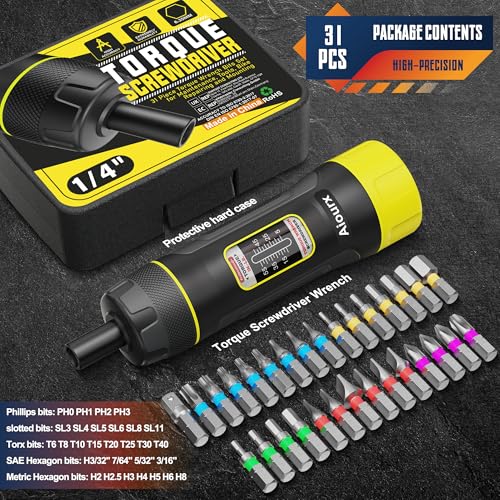Image of Preset Torque Screwdriver Wrench Set, 5-55 Inch Pounds lbs, 31 Piece 1 /4 inch Drive Torque Screwdriver Wrench with S2 Steel Bits for Bicycle Mechanics, Mechanical Equipment, and Mounting