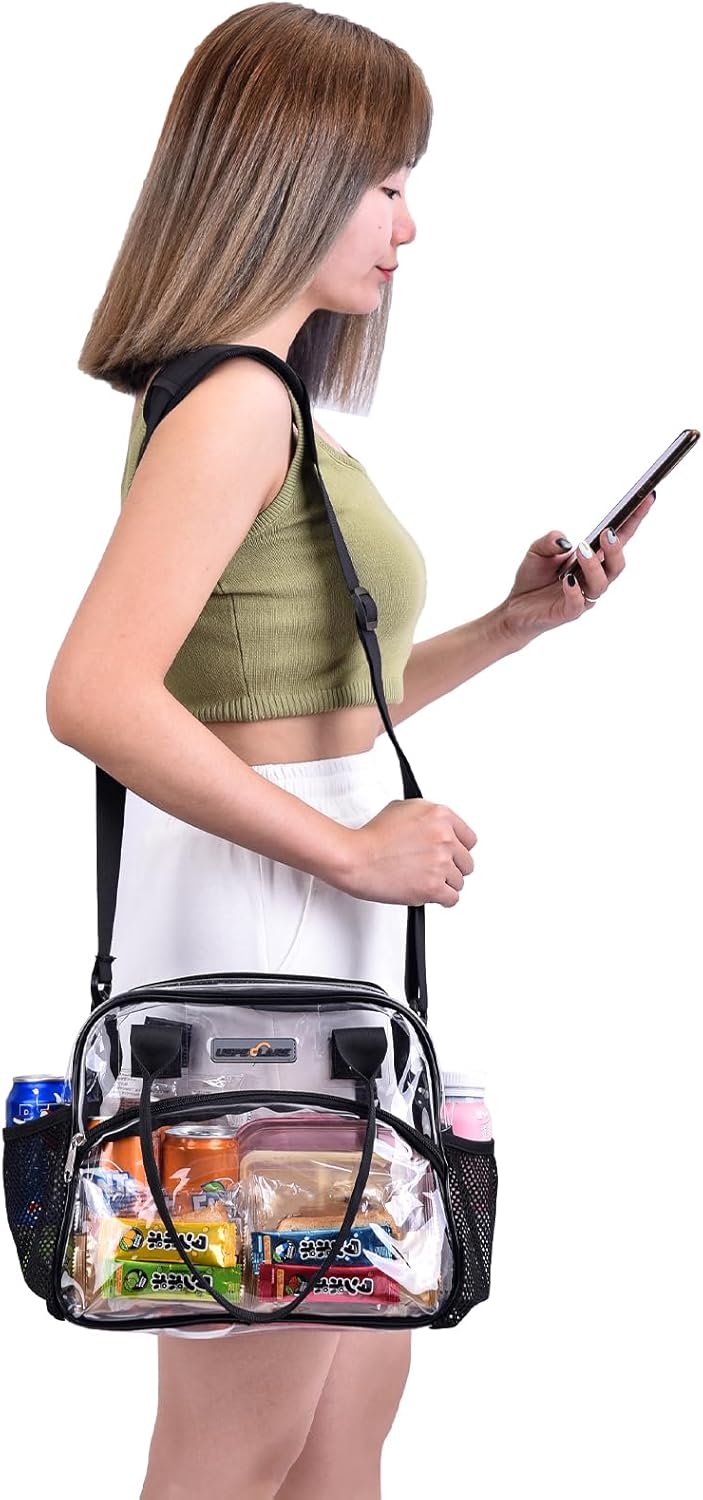 USPECLARE Clear Multi-purpose Tote Bag, Transparent Lunch Bag with Removable Bottom Board, Adjustable Shoulder Strap, Stadium Approved, 12 * 9.8 * 6 Inches, 4.97L, Clear PVC, Hand Wash