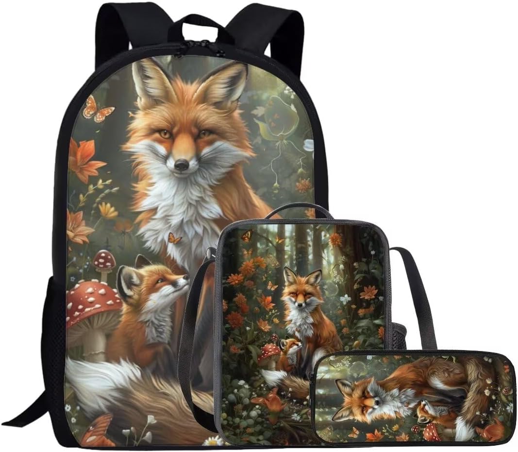 Beauty Collector Forest Fox Backpack and Lunch Bag Set for Kids Elementary School Bookbag Set with Lunch Box and Pencil Case