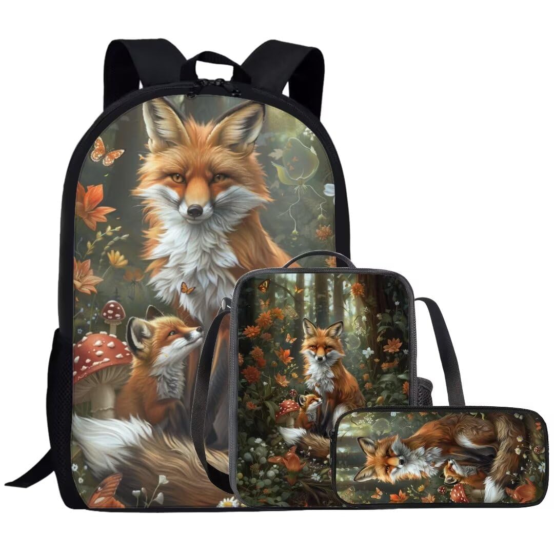 Beauty Collector Forest Fox Backpack and Lunch Bag Set for Kids Elementary School Bookbag Set with Lunch Box and Pencil Case
