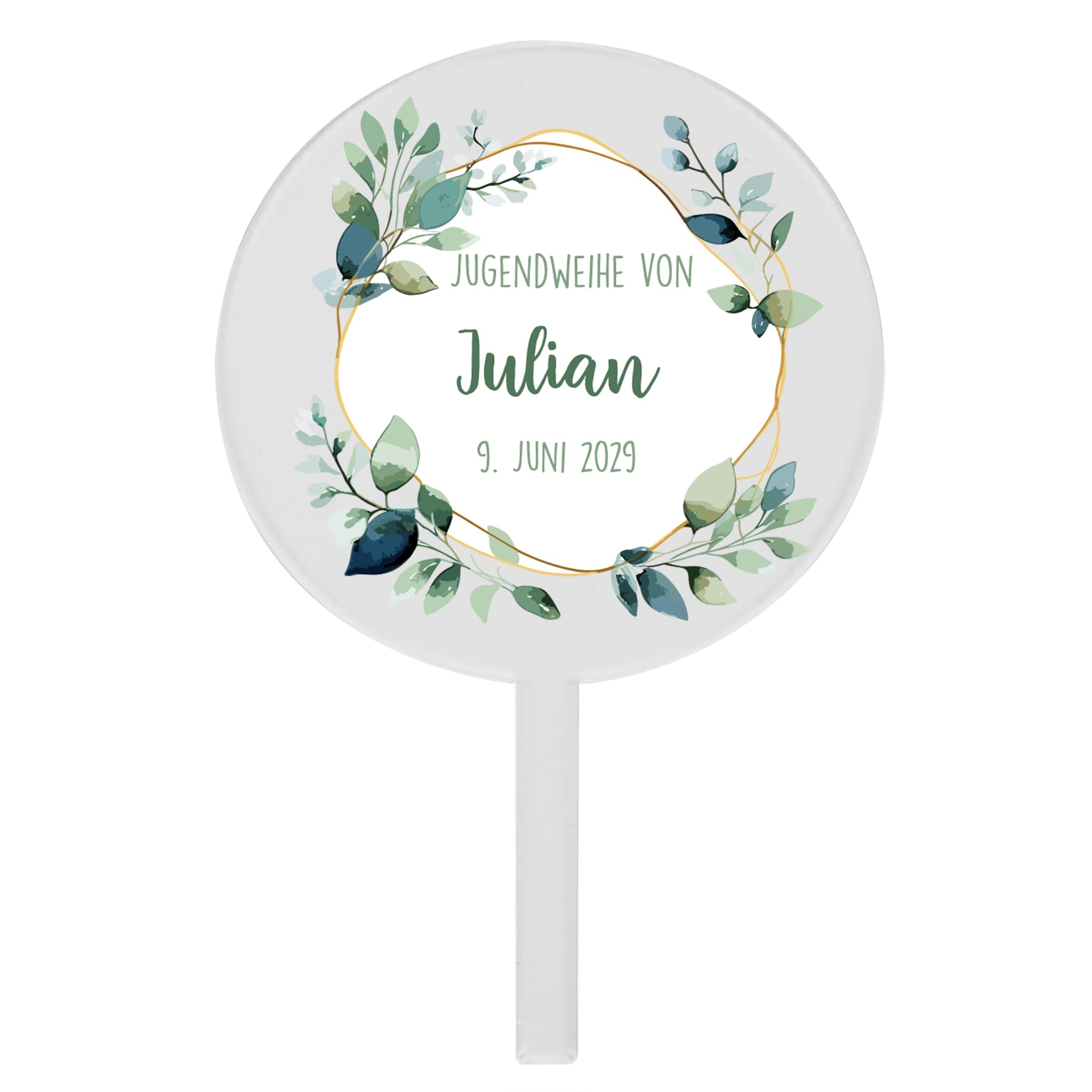 Herz & Heim® Personalisierter Tortentopper für Taufe, Kommunion, Firmung, Konfirmation – Acrylglas Cake Topper mit Name & Datum – 2 Größen (10 cm (Eukalyptus)) - 2