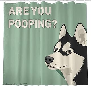 NGZ are You Pooping Husky Shower Curatin, Funny Husky Shower Curtain, Green Shower Curtain Set with 12 Hooks for Bathroom Decor, 72x72