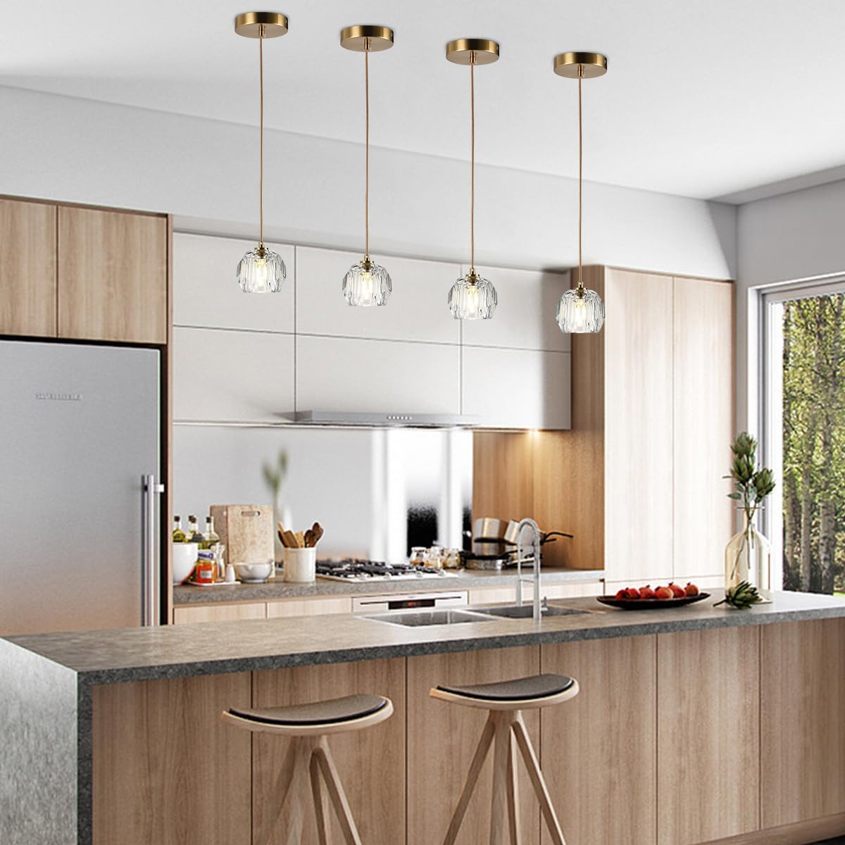 Brushed Brass Pendant Light Kitchen Island, Modern Cut Crystal Small Pendant Light Fixture, Clear Crystal Pendant Adjustable Hanging Light for Dining Room Bathroom