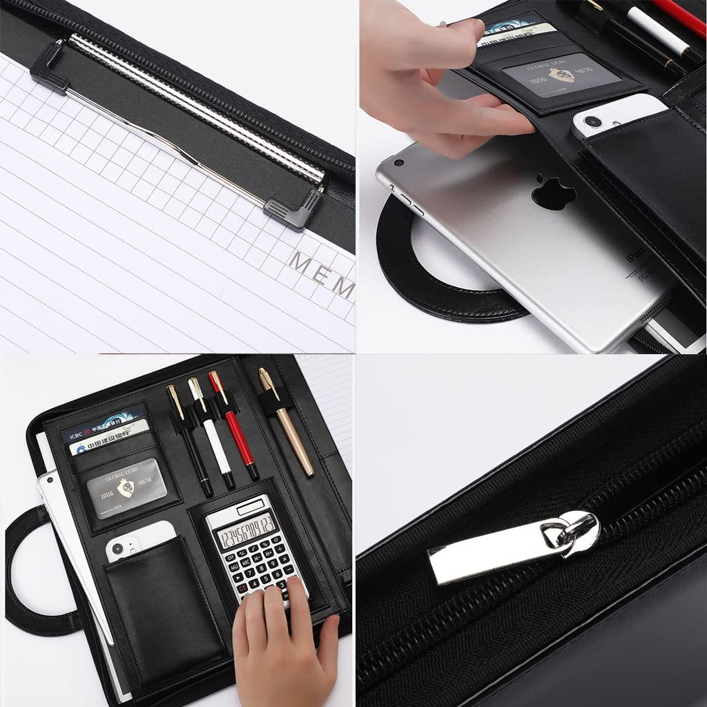Schreibmappe A4 Klemmbrettmappe A4 Business Portfolio Organizer PU Leder Konferenzmappe mit Reißverschluss und magnetischem Griff mit Reißverschluss, Klemmbrett, Notizbuch für Vorstellungsgespräche