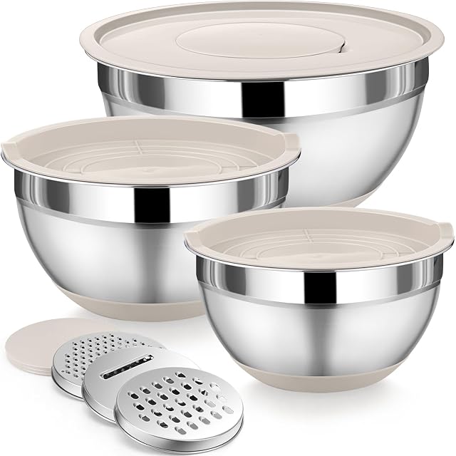 P&P CHEF Mélange de bol avec ensemble de lids 3, Salades de nichage en acier inoxydable pour la préparation du service, 3 Pièces jointes de la grille & Cadres de base antidérapants, taille 1.5/2.6/4.6 QT, Kaki
