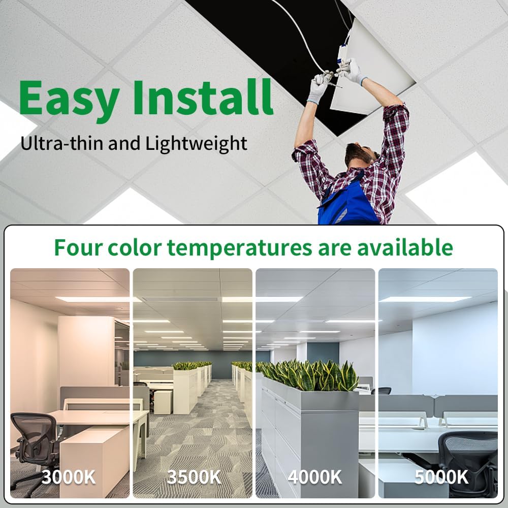 2x4 LED Troffer Light with Emergency Backup Battery, 0-10V Dimable Recessed Drop Ceiling, Adjustable Wattage & CCT Center Basket Troffer Panel Light, 25W to 50W, 3000K to 5000K, ETL 2PK