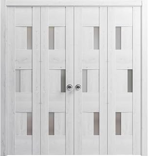 VDOMDOORS - Sliding Closet Double Bi-fold Doors | Sete 6933 Nordic White with Frosted Glass | Sturdy Tracks Trims Hardware Set | Wood Solid Bedroom Doors