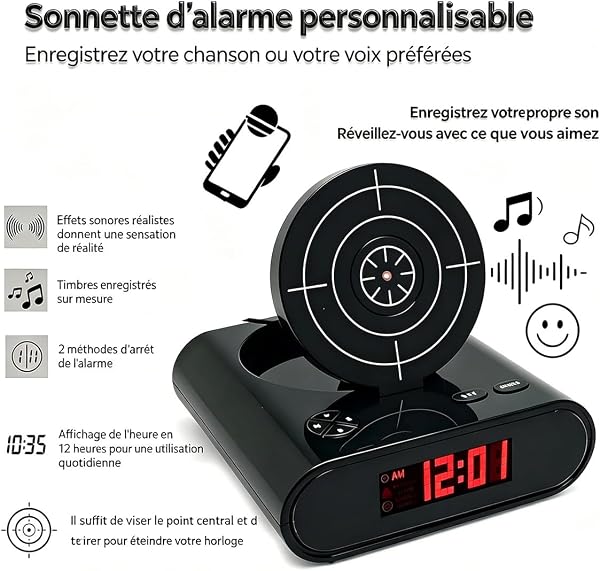 Réveil Pistolet Cible Interactif LED, Jeu de Tir Laser avec 2 Modes d'Alarme Puissants, Grand Écran Numérique, Horloge de Bureau Créative pour Gros Dormeurs, Cadeau Original Chambre Salon (Noir) - 3