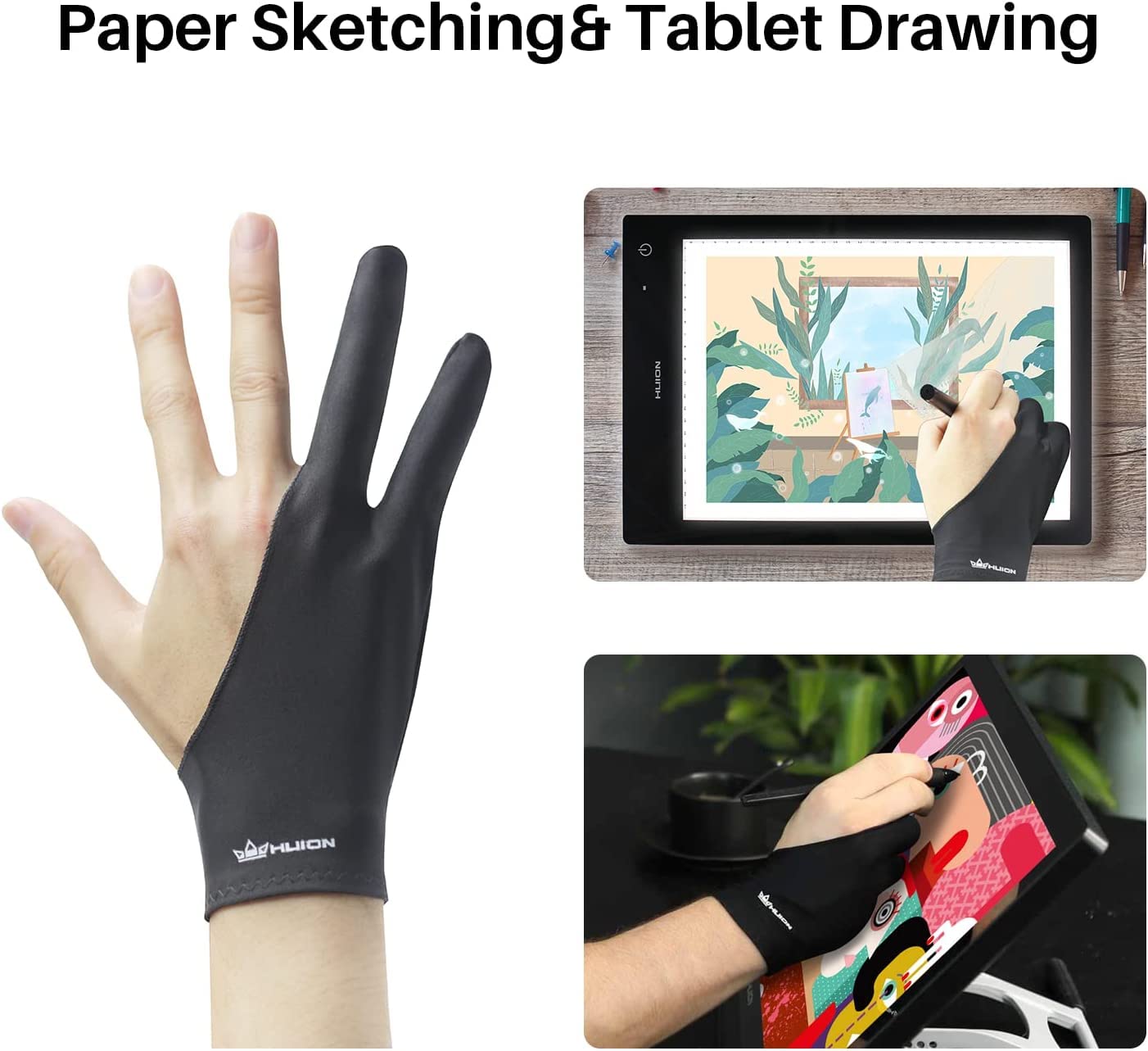 HUION Rękawica do rysowania dla artystów do rysowania tabletu, szkicowania papieru, rękawica artystyczna z dwoma palcami, na prawą i lewą rękę, zmniejsza tarcie, elastyczna lycra, duży rozmiar