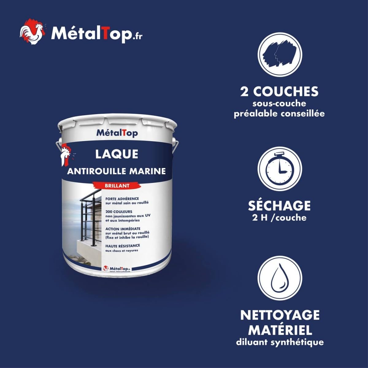 Metaltop - Laque Antirouille Marine - Blanc pur - RAL 9010 - Bombe 400 ml - Peinture résistante pour métal exposé aux conditions difficiles