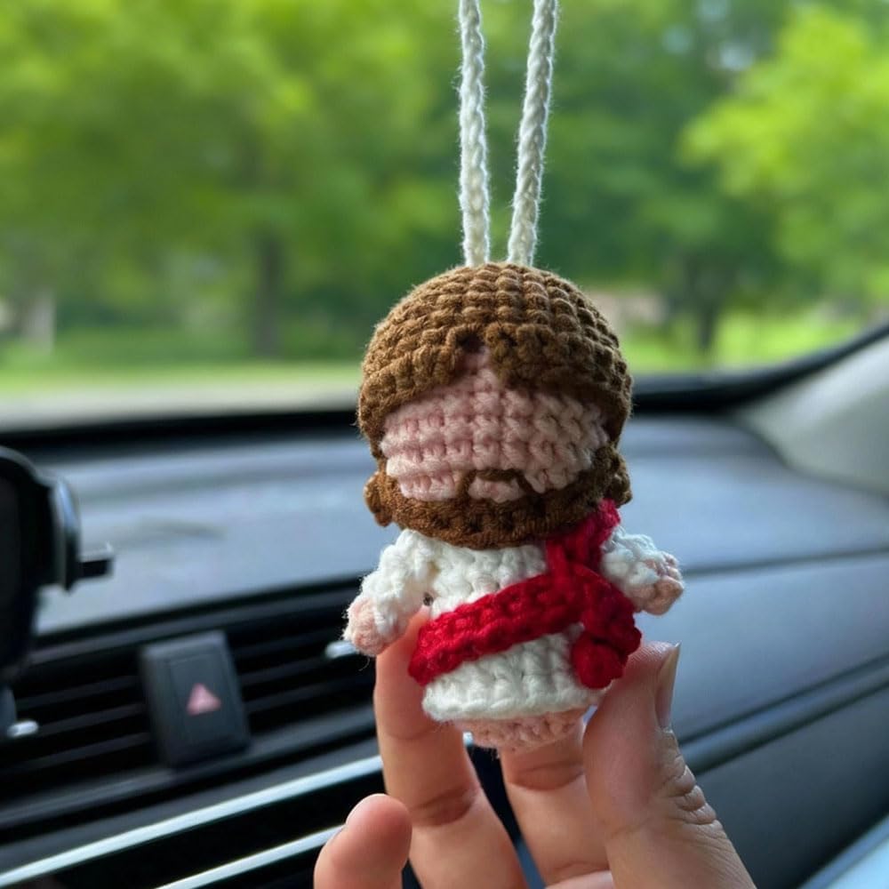 Cute Jesus Car Charm Gifts for Women, Positive Crochet Little Jesus Figures Rearview Mirror Accessory Swinging Car Ornament, Elegant Christian Religious Birthday Gift fo Mom Dad Men Friend
