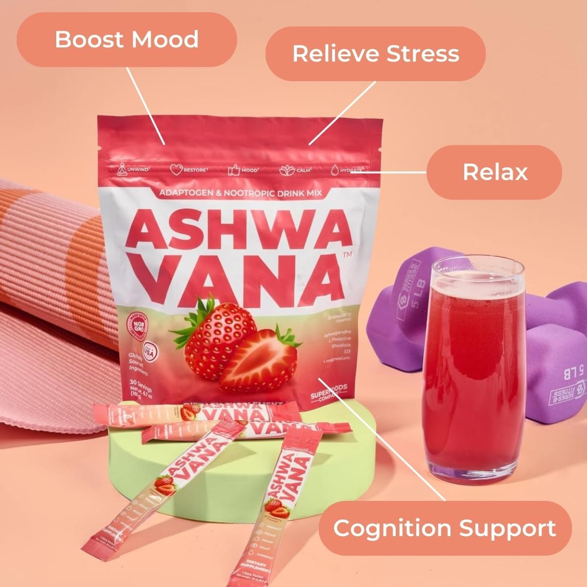 ASHWAVANA Zen Relax Drink Mix - Nootropic, Adaptogen-Infused Ashwagandha Beverage - Rhodiola, Magnesium, L-Theanine - Restore & Unwind - Alcohol Alternative - Strawberry Flavor - 30 Count (Pack of 1)
