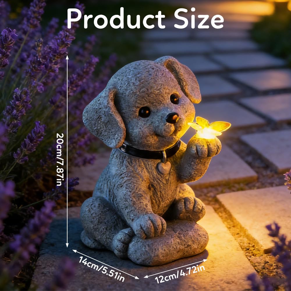 Figurine de Chien Solaire, Statue Solaire de Jardin Chien Ornament Outdoor avec Papillons Figurine d'animal de Jardin Lumière Solaire Statue Jardin Exterieur pour Cadeau de Pendaison de Crémaillère