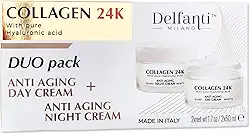 Delfanti • COLÁGENO 24K • Pacote DUO antienvelhecimento • Frasco de creme diurno Plus Frasco de creme noturno • Hidratantes para rosto, pescoço e decote com ácido hialurônico puro • Feito na Itália