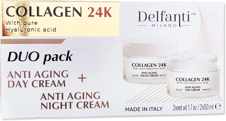 Delfanti • COLÁGENO 24K • Pacote DUO antienvelhecimento • Frasco de creme diurno Plus Frasco de creme noturno • Hidratantes para rosto, pescoço e decote com ácido hialurônico puro • Feito na Itália