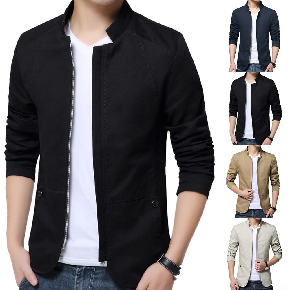 Chaqueta de traje formal con cremallera para negocios, con cuello, chaqueta casual para hombre (talla L, azul marino)