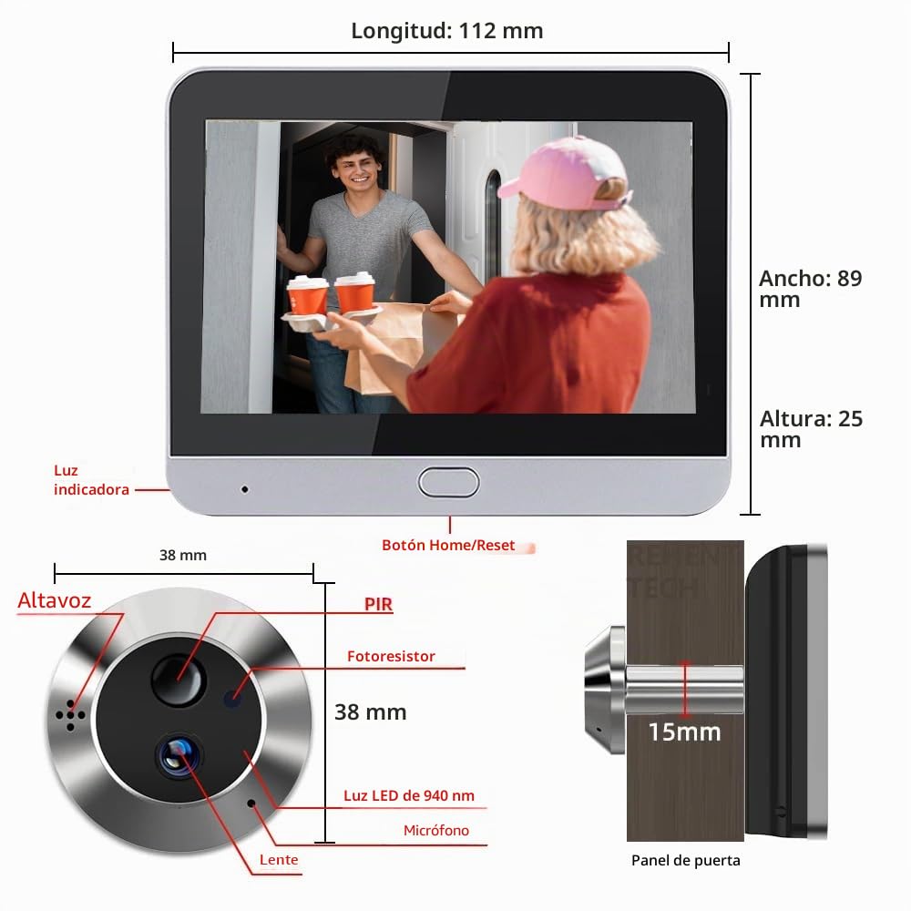 DA2 Audio Bidireccional, Cámara de Vigilancia de Puerta 3MP Inalámbrica con Tarjeta de 32 GB, con Pantalla de 4,3 Pulgadas, Wi-Fi de 2,4GHz, Detección de Movimiento, Batería de 5000mAh, Ángulo
