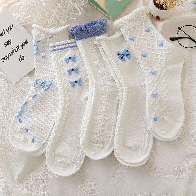 Image of 10 Pairs coquette socks Cute Floral Flower bow Socks Cottagecore Frilly Fancy aesthetic socksLace Ruffles Socks for Women (US, Alpha, One Size, Regular, Regular, Blue)