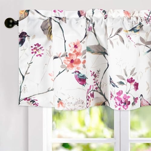 Miniatura 47 de VOGOL Cenefas con patrón de pájaros para ventanas de cocina, cenefa texturizada de lino con estampado floral y pájaros para ventanas pequeñas