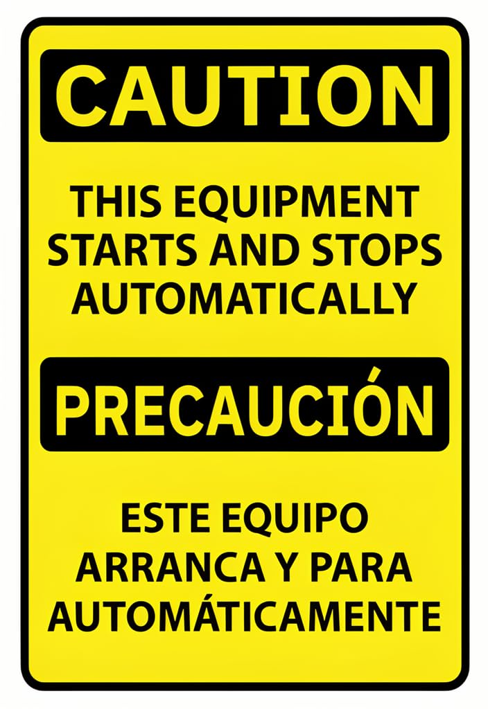 peiyeety Caution Automatic Equipment Metal Tin Sign 12x8 Inch – Bilingual English/Spanish Warning Plaque, Yellow & Black Safety Notice Wall Decor for Shop, Garage, Warehouse, Workplace