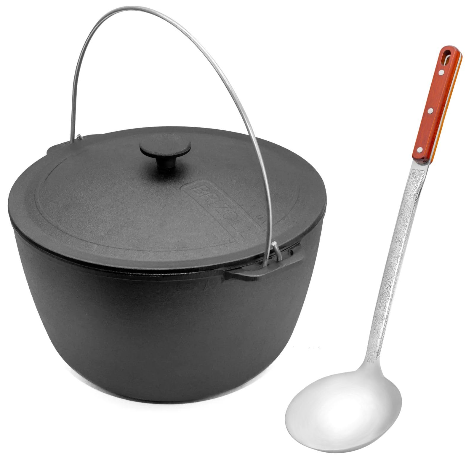 Gusseisen Topf 8 L mit Deckel und Schöpflöffel Kazan mit Bügel Schwenktopf Campingtopf Gulaschkessel Schmortopf Dutch Oven Induktionsgeeignet & Ofenfest Gusseisentopf für Kochen & Braten Asia WOK