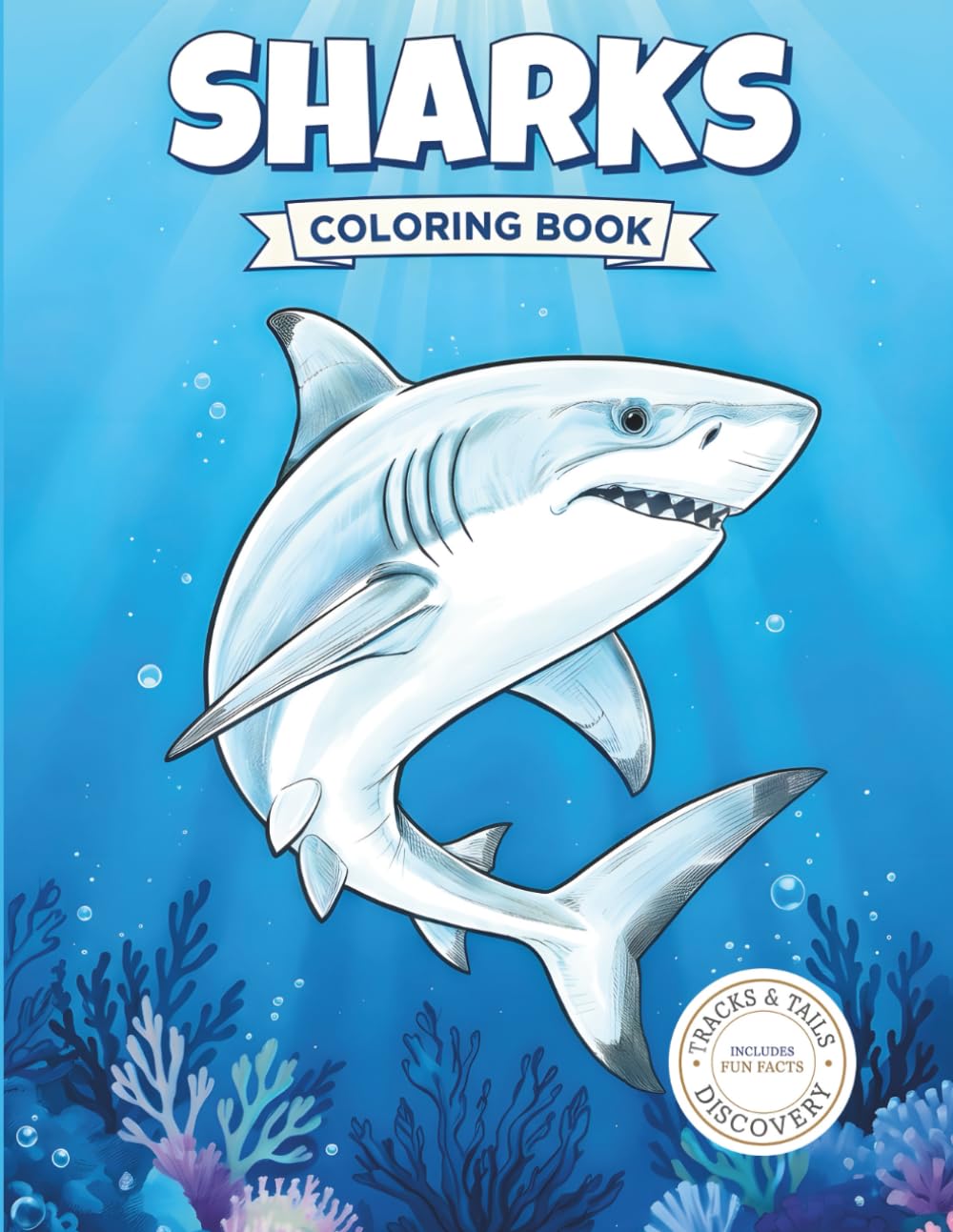 Sharks Coloring Book: 40 Realistic Sharks with Fun Facts and Exciting Underwater Habitats (Tracks & Tails Discovery)