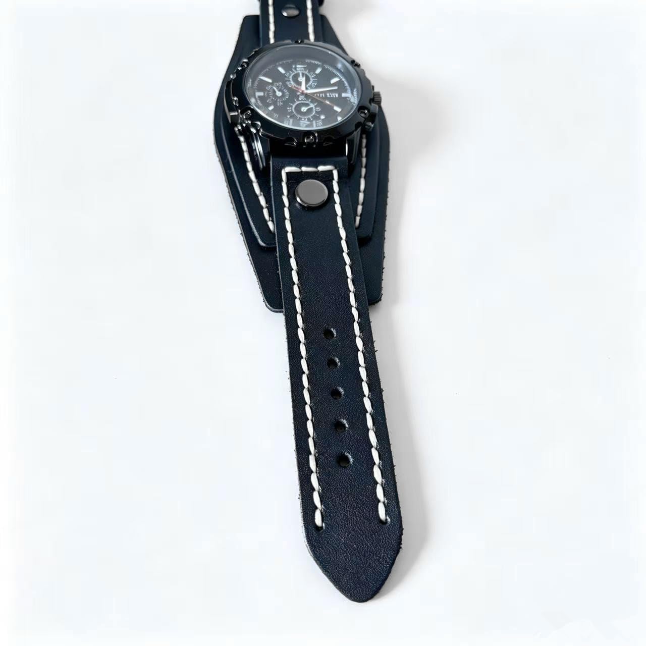 MINILUJIA Reloj de pulsera de cuarzo hecho a mano, estilo punk hip-hop, gótico, ancho, de piel sintética, esfera redonda, esfera grande, negro y marrón, Negro -, Vintage Punk Hip-hop